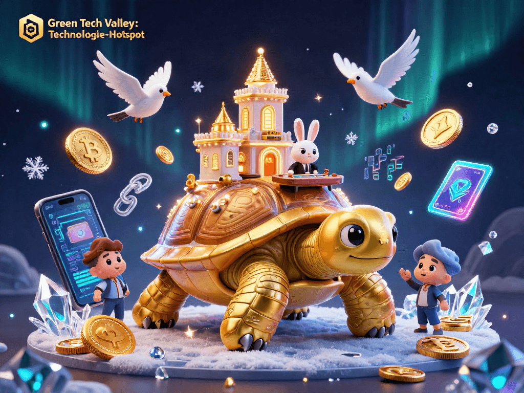 Engage with Green Tech Valley: Technologie-Hotspot in a vibrant crypto game scene filled with golden coins.