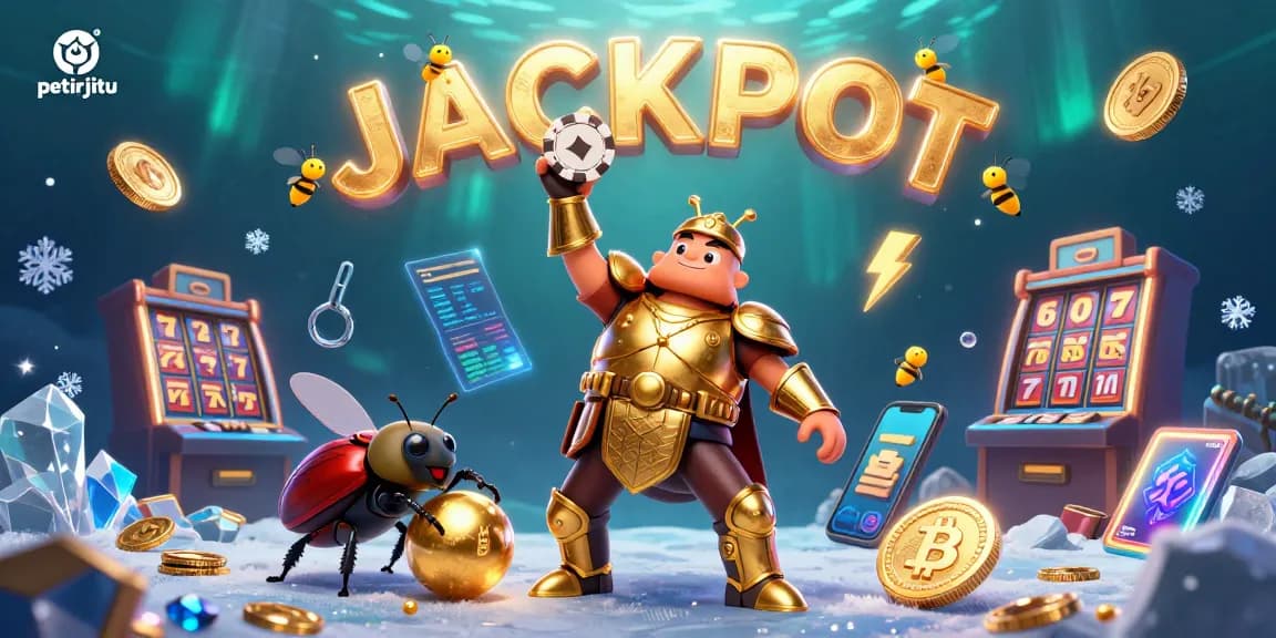 Gambarlah petirjitu dengan karakter menarik yang merayakan kemenangan jackpot dalam permainan kasino online.