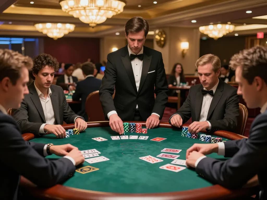 Players enjoying a thrilling game of blackjack at MM88 casino table, showcasing casino elegance and excitement.