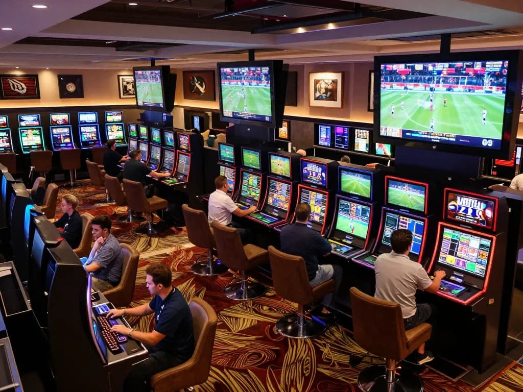 SBOBET bettors engaging in real-time sports betting at a lively casino, showcasing excitement and interaction.