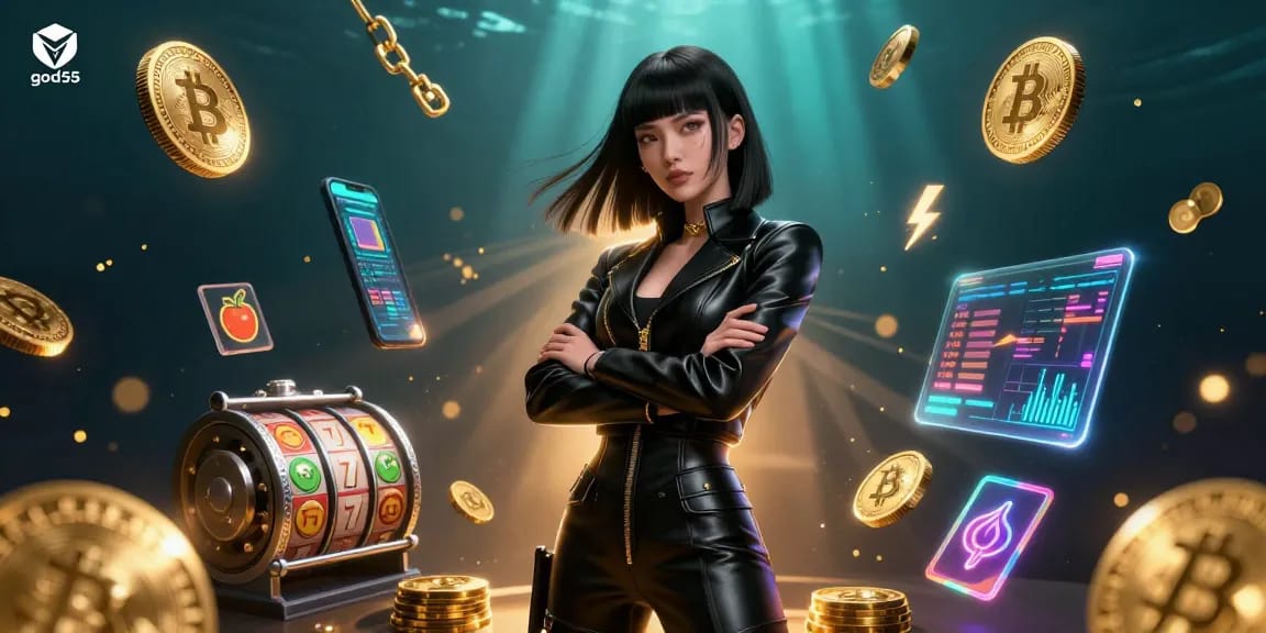 Win big with god55 at this stunning 3D digital casino illustration, featuring vibrant bitcoins and slot symbols.