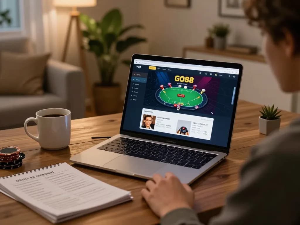 Players enjoy poker with GO88 app interface displayed on laptop in a cozy home setting.