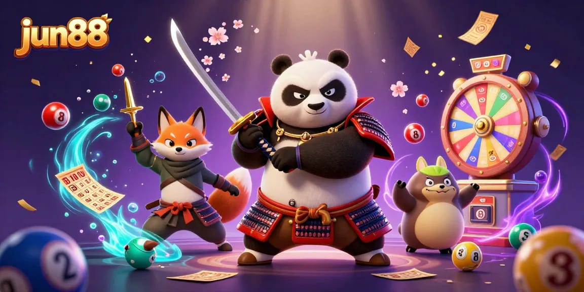 Engage with jun88 as a samurai panda and ninja fox navigate thrilling lottery games in a vibrant casino scene.