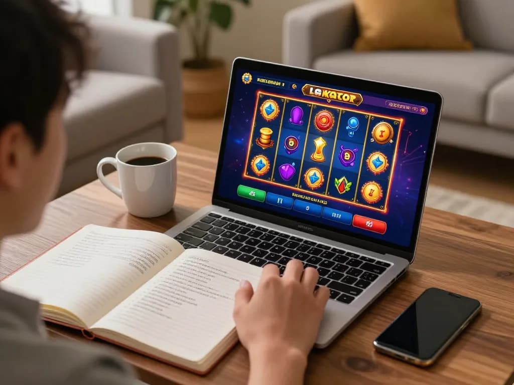 Rasakan permainan link slot gacor di rumah, menampilkan antarmuka slot online yang cerah dan permainan strategis.