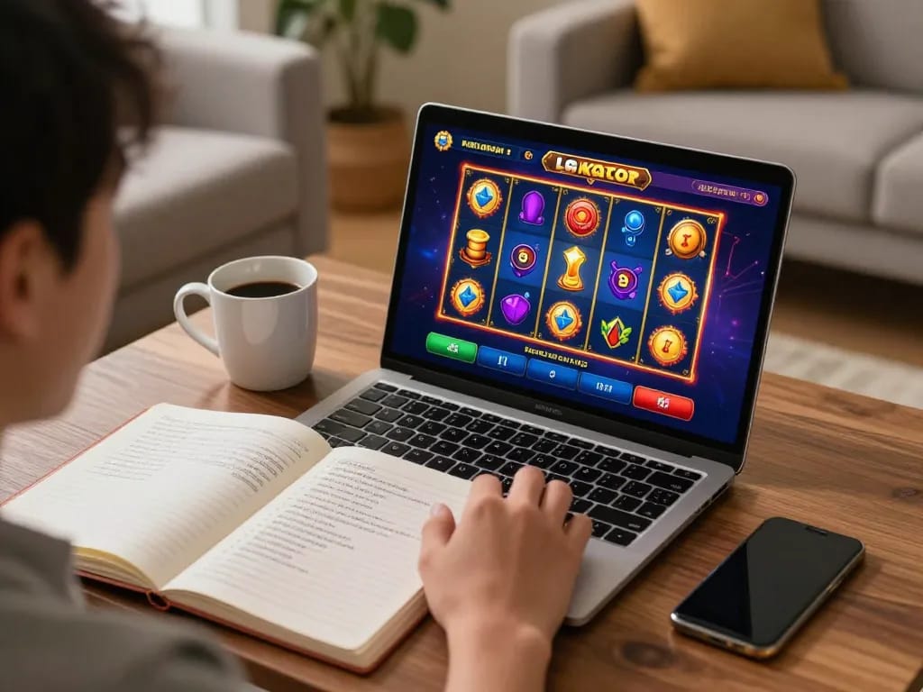 Rasakan permainan link slot gacor di rumah, menampilkan antarmuka slot online yang cerah dan permainan strategis.