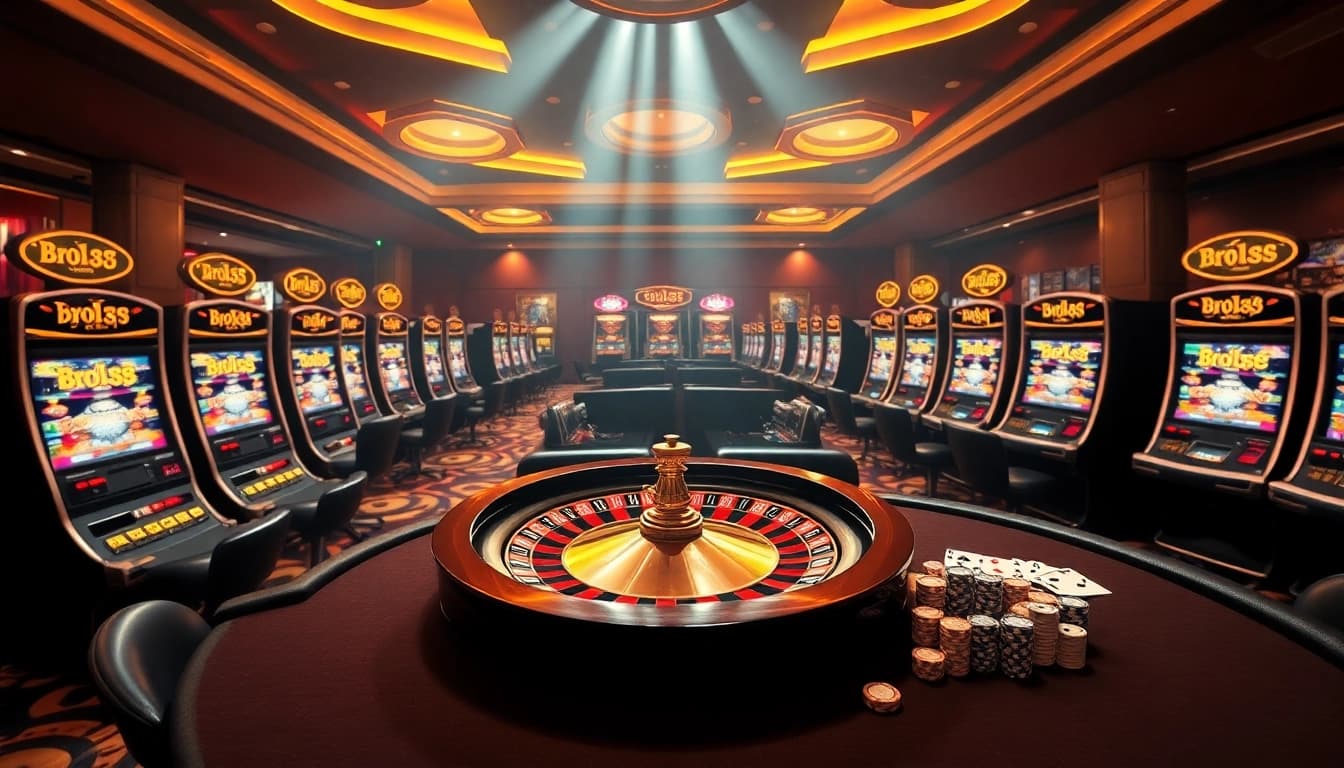 Experience the thrill of bro138 slot at an elegant casino with vibrant slot machines and poker tables.