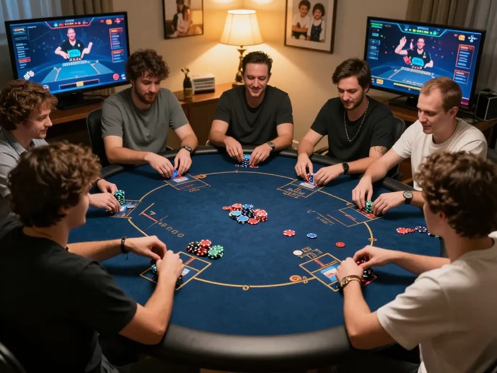 Players engaging in an online poker game at Jun88 with dynamic graphics and cozy setting