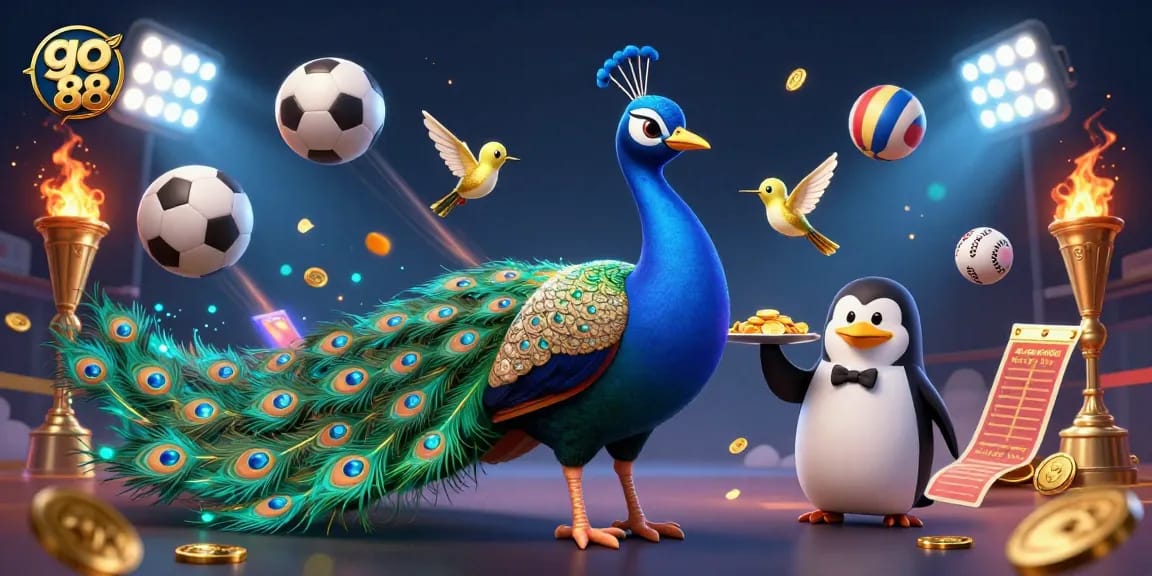 Experience dynamic sports betting with go 88 featuring a lavish peacock, a butler penguin, and golden elements.
