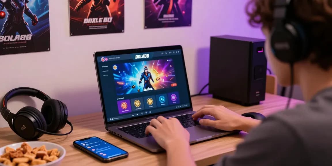 Withdraw Bola88 in a cozy gaming setup with laptop and accessories, highlighting user engagement.