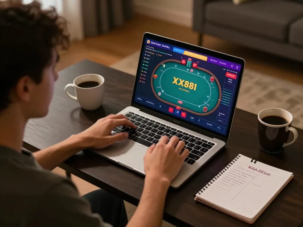 Play XX88 online in a warm home setting with a laptop showcasing poker gameplay strategy.
