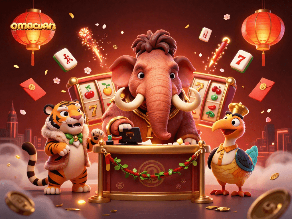 Bermain slot gacor online dengan omacuan, bouncer mammoth dan tamu VIP di suasana kasino yang ceria.