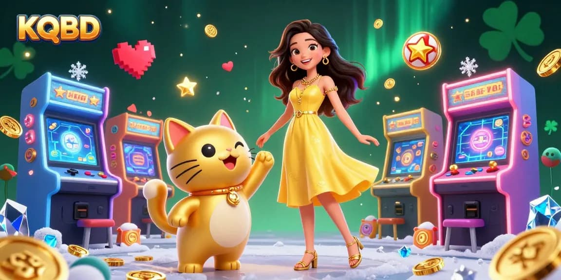 Engage with KQBD's exciting atmosphere featuring a cheerful woman and lucky cat, amidst vibrant casino gaming elements.