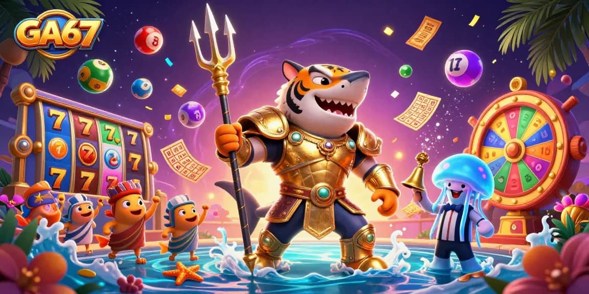 Witness the thrilling GA67 action in a vibrant underwater colosseum featuring a tiger shark gladiator.