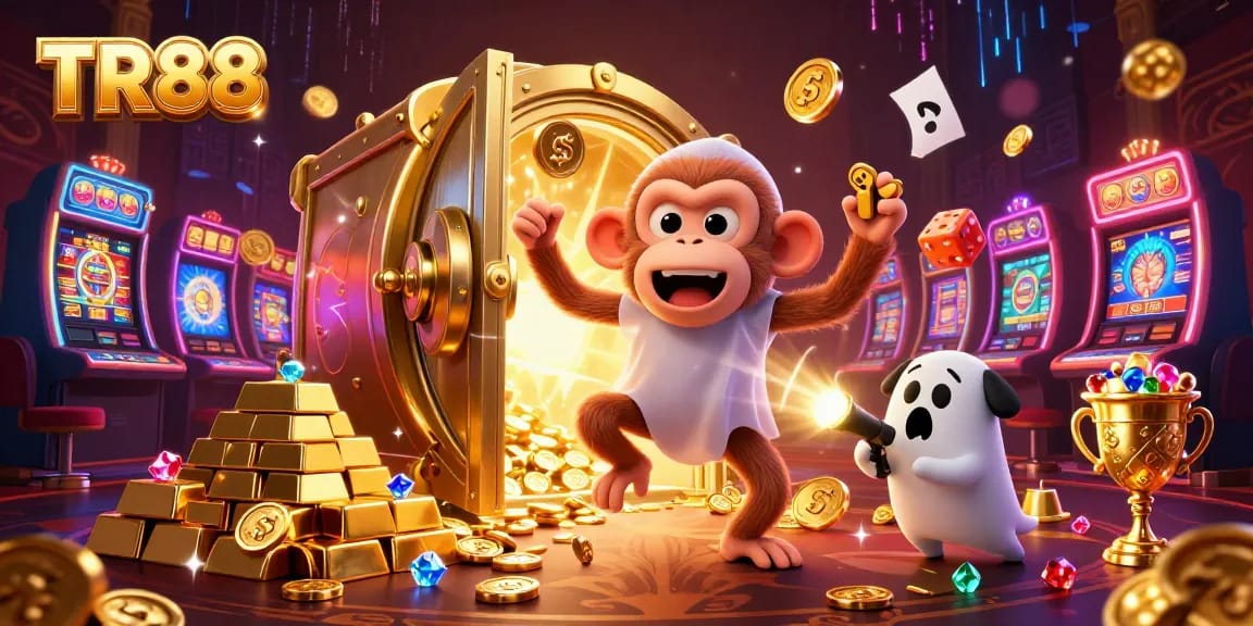 Experience the thrilling TR88 casino with a playful poltergeist monkey juggling while a curious puppy tracks its treasures.