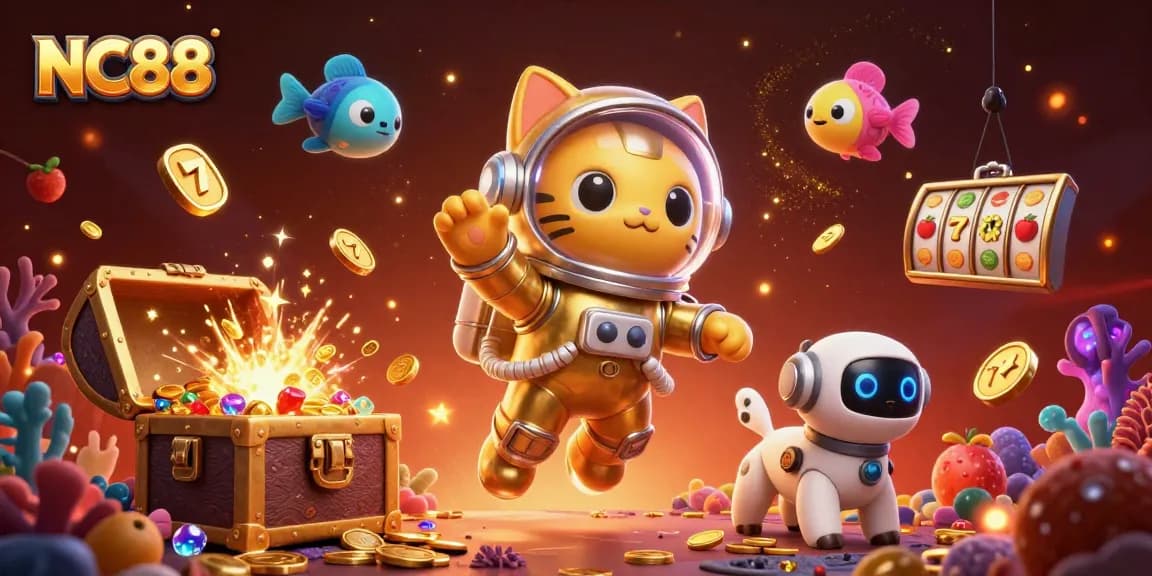Experience thrilling gaming at NC88 with a vibrant 3D cat character, showcasing exciting slots and jackpot elements.
