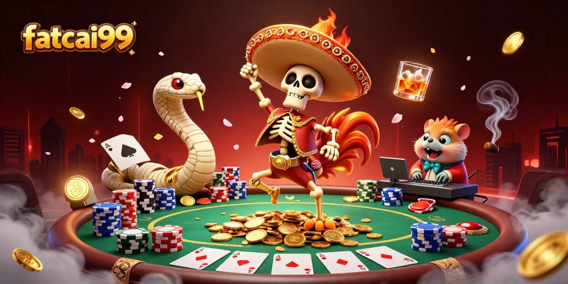 Join the fun at fatcai99 with unique characters celebrating wins at an exciting poker table
