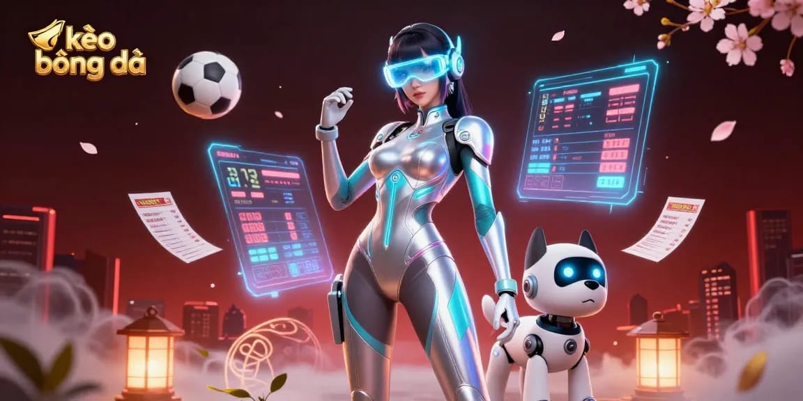 Place bets on kèo bóng đá with a vibrant scene showcasing a futuristic woman, robot dog, and sports elements.