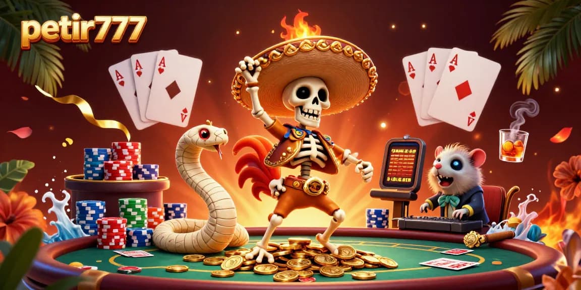 Experience the thrilling victory dance of petir777's mariachi rooster on a pile of gold, surrounded by casino elements.