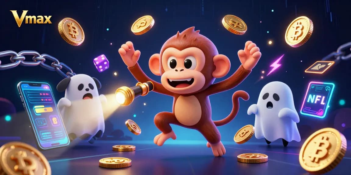 Vmax showcases an interactive casino scene with a playful ghost and cryptocurrency elements.