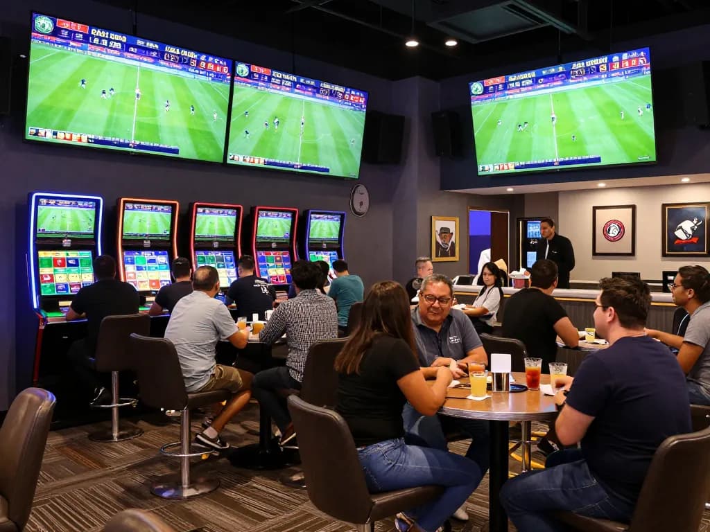 Tỷ Lệ Bóng Đá betting scene in a lively casino sports lounge with excited patrons and vibrant screens