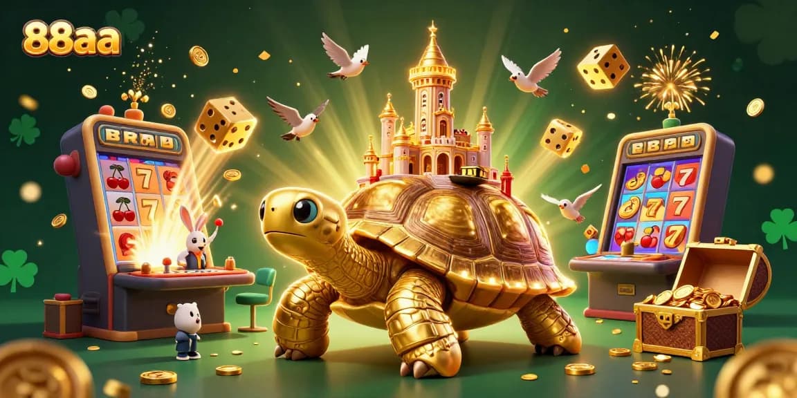 Experience 88aa with a dazzling illustration featuring a golden tortoise casino and rabbit dealer.
