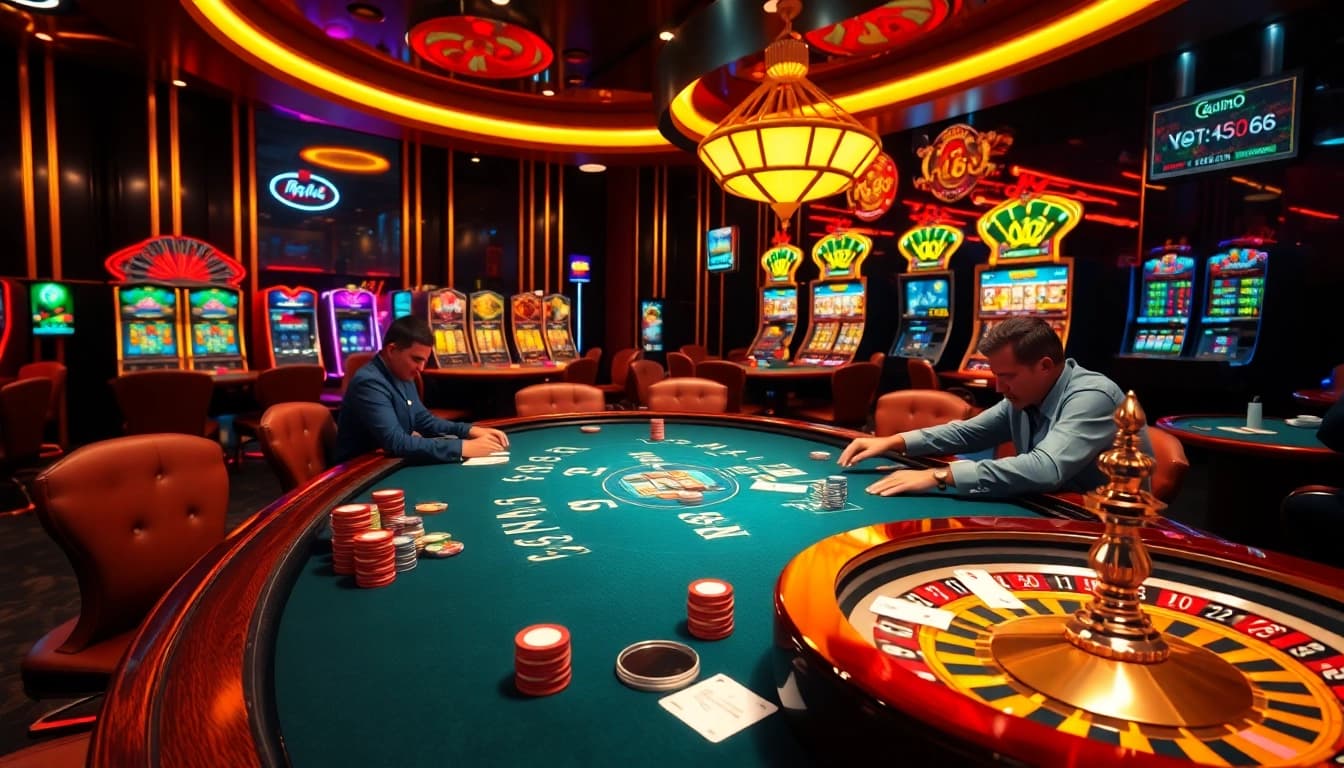 Xoso66 engaging poker game scene with vibrant casino atmosphere and players immersed in action.