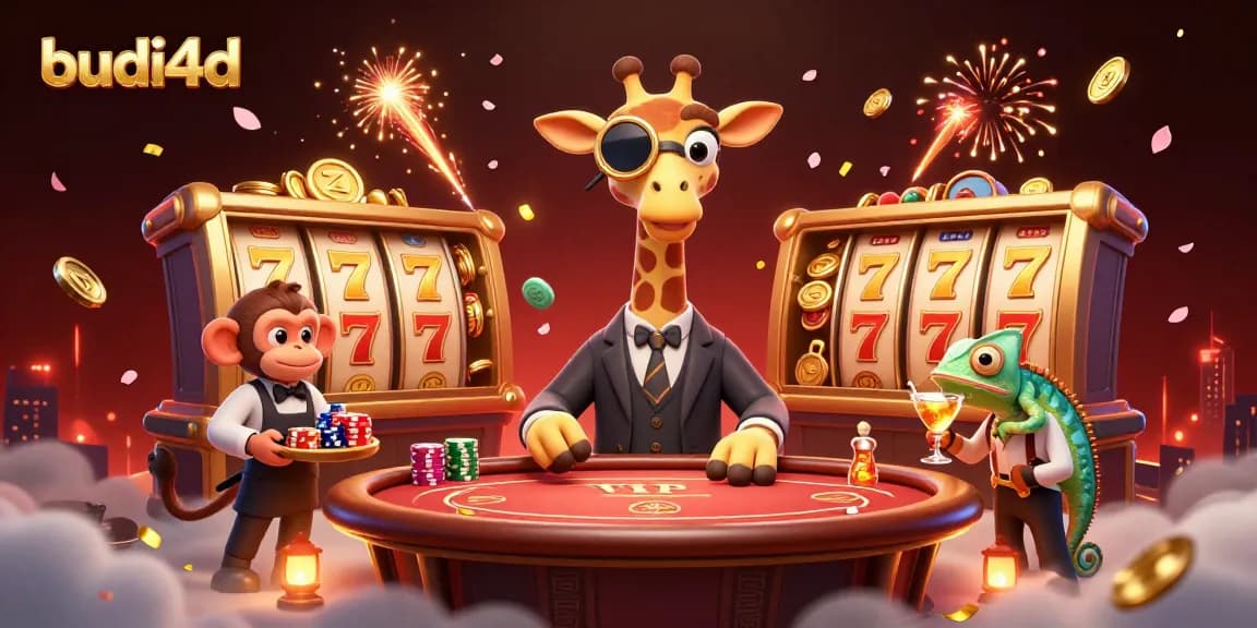 Engage in gaming excitement with budi4d featuring a vibrant scene with a high-roller giraffe at a casino table.