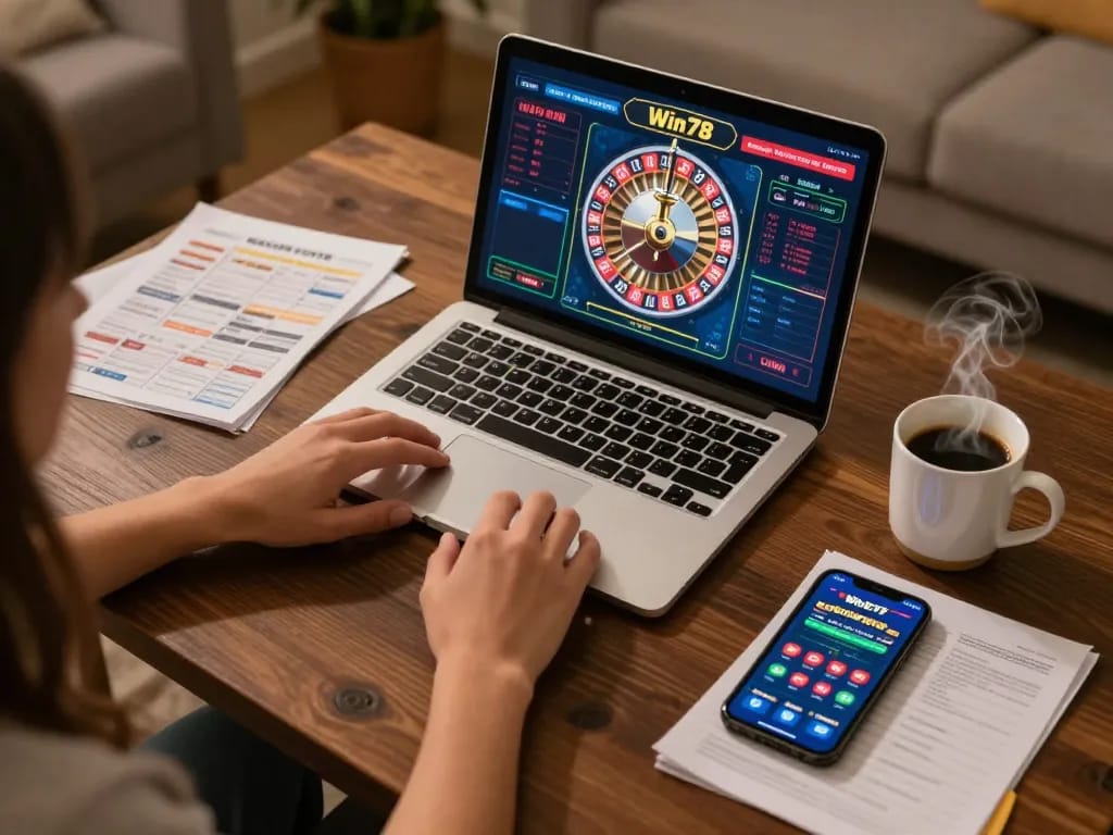 Play roulette game on Win678 com with laptop while enjoying warm coffee at home.