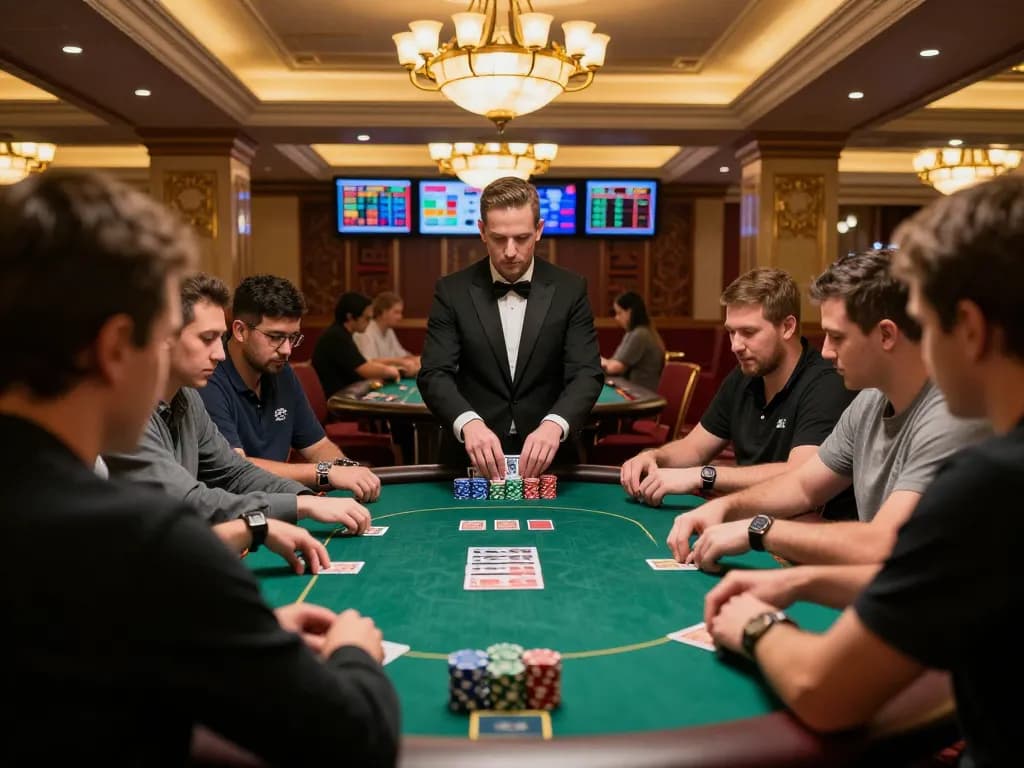 okfun players strategizing in a high-stakes poker game with professional dealer