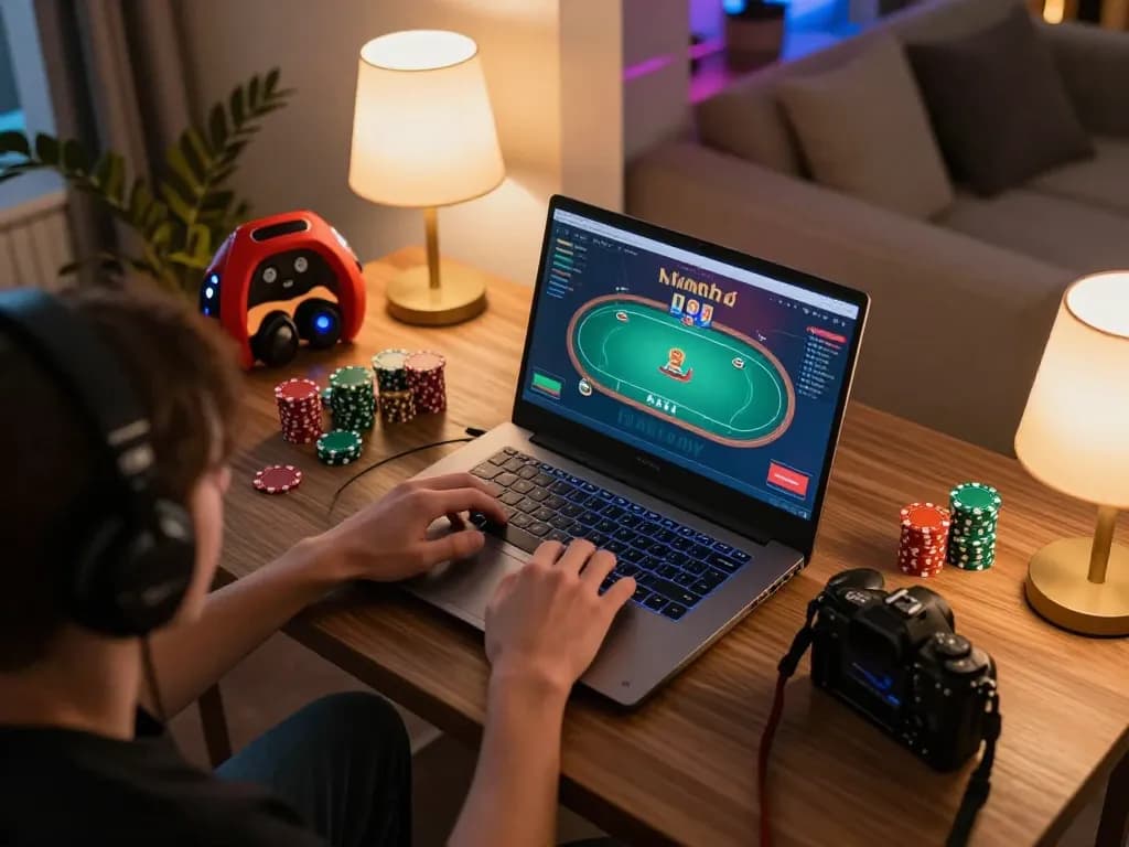 Engaging Iwin online gaming session at home with laptop showcasing poker game interface