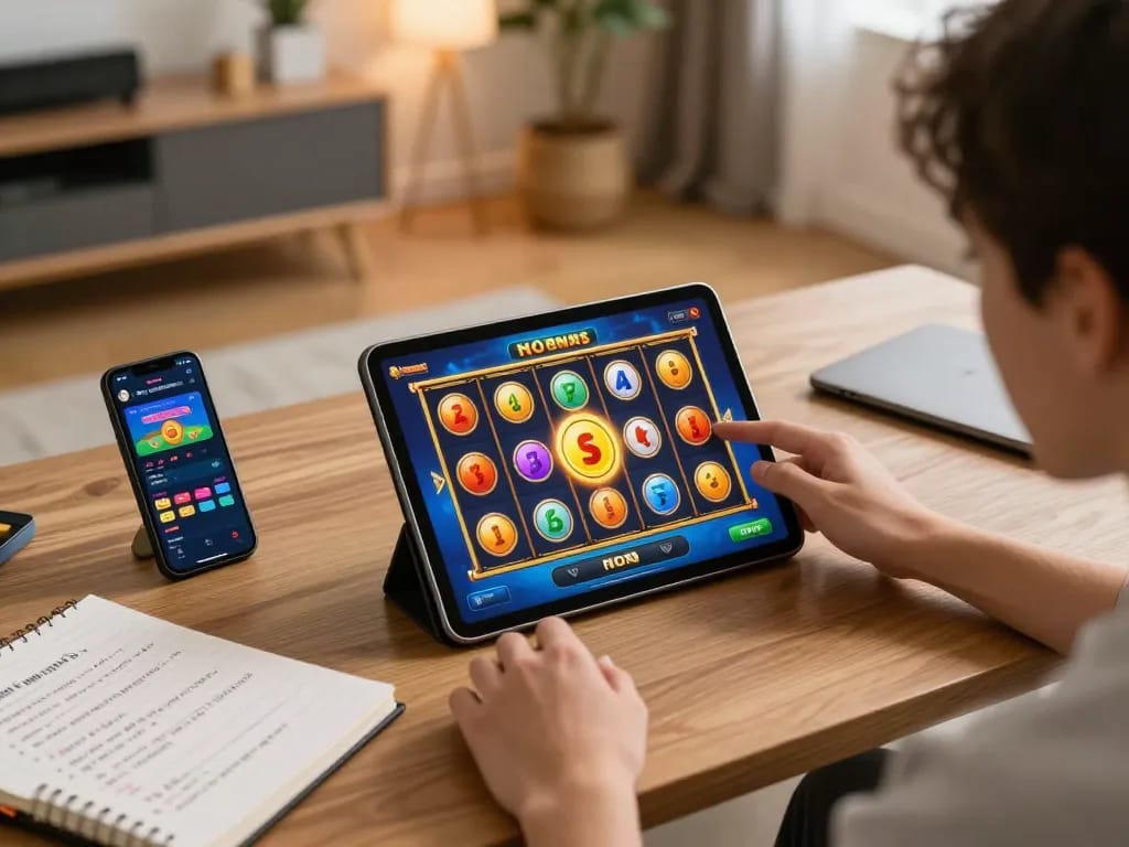 Experience the thrill of slot bonus with a vibrant online gaming setup at home, featuring animated reels and bonus alerts