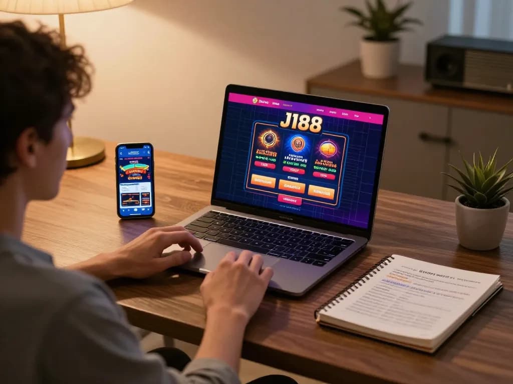 Player immersed in J188 online casino gameplay using laptop with strategic notes nearby.