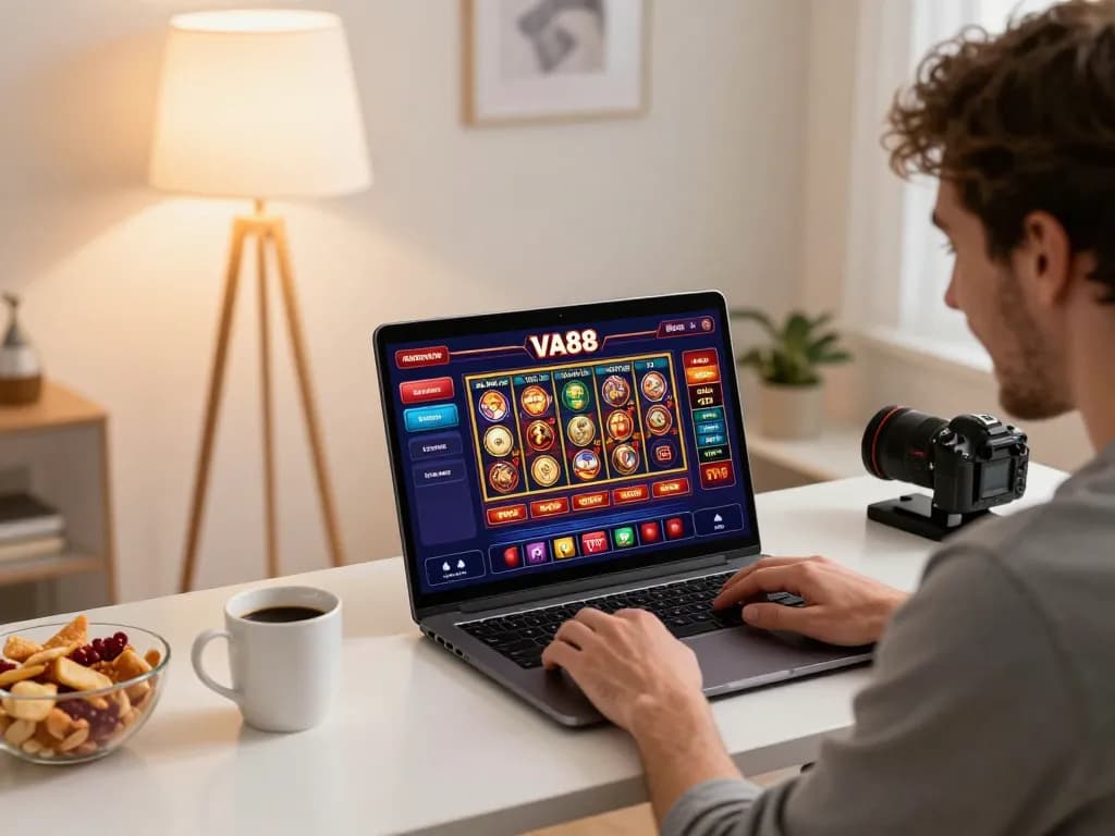 Player enjoying online casino gaming at VA88, immersed in colorful slot and blackjack games on laptop.