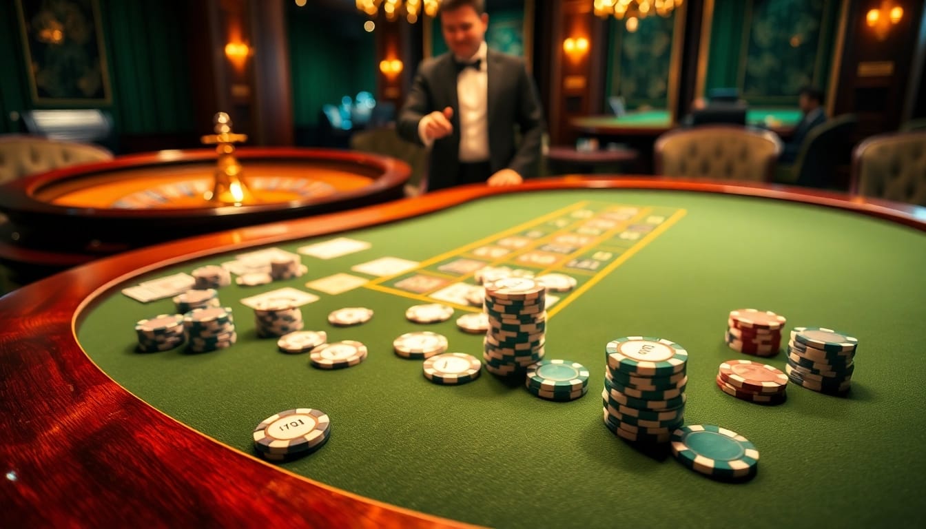 Experience thrilling games at 28bet with an elegant casino scene featuring poker and roulette.