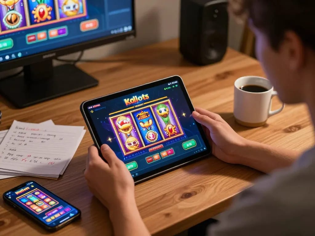 Engaging in online slot games at kdslots with a tablet, showcasing vibrant gameplay