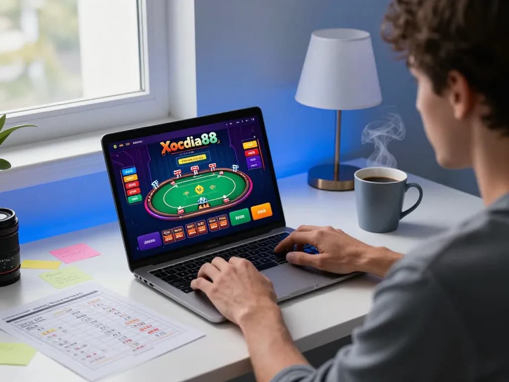 Xocdia88 gameplay on laptop in cozy home setting, featuring strategic notes for online gambling.
