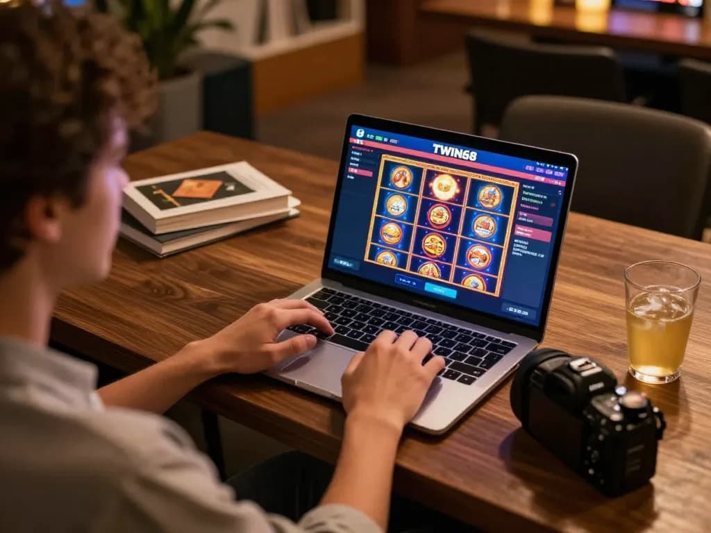 TWIN68 user experiencing online slots on a laptop in a cozy home setting