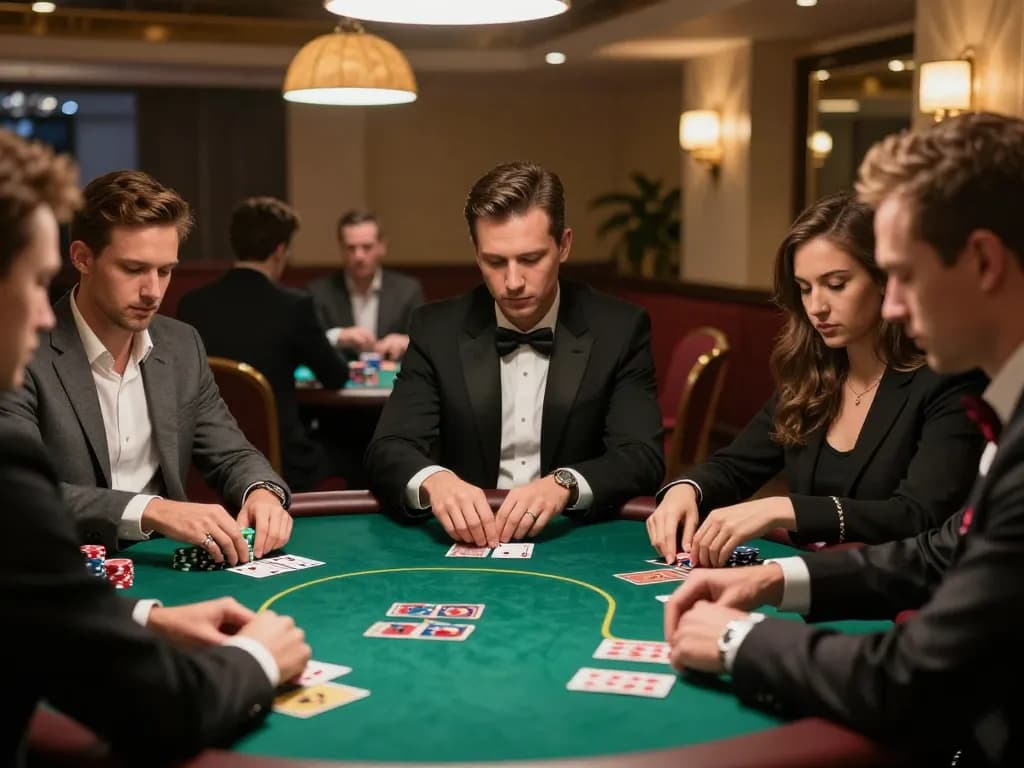 BETWIN4D players focusing on cards in a high-stakes poker game with vibrant atmosphere.