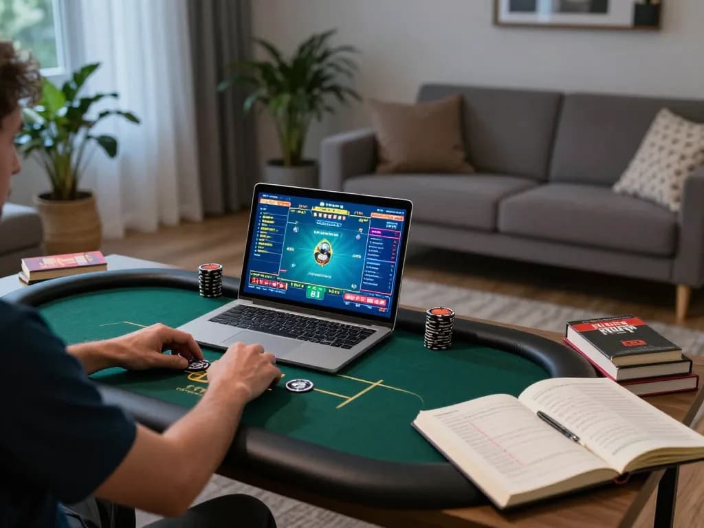 Engaging with f8bet online poker in a cozy home setting, showcasing strategic play and comfortable ambiance
