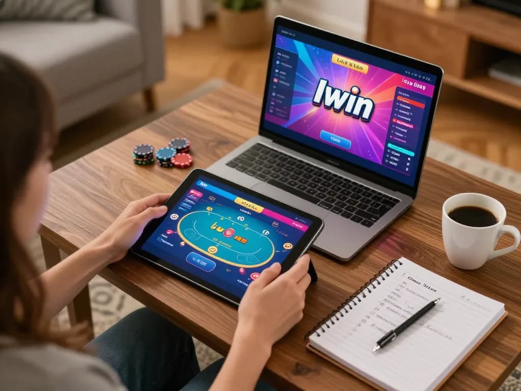 Engaging in online gambling at Iwin on a tablet, highlighting poker game strategy and home atmosphere