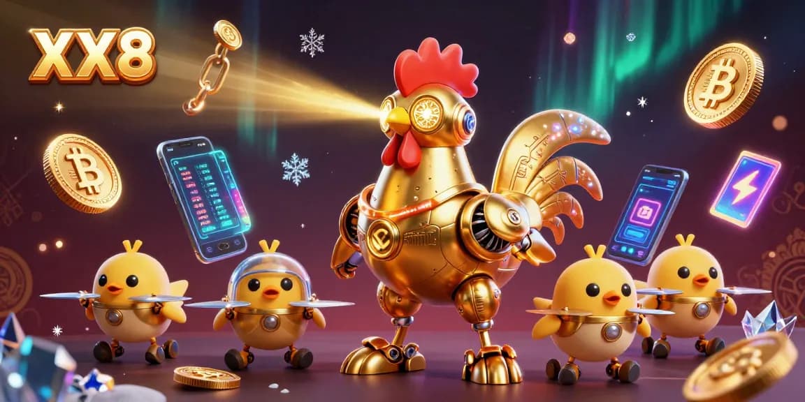 Witness the excitement of XX8 as a golden rooster robot laser engraves crypto patterns in this vibrant casino scene.
