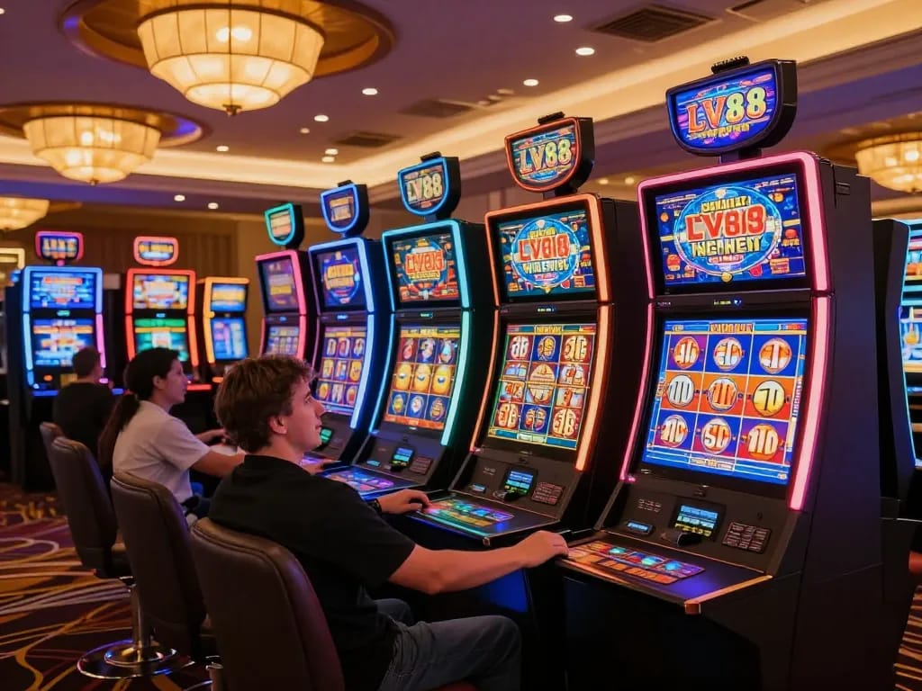 Players enjoying vibrant slot machines at LV88 casino, creating an exciting gaming atmosphere.