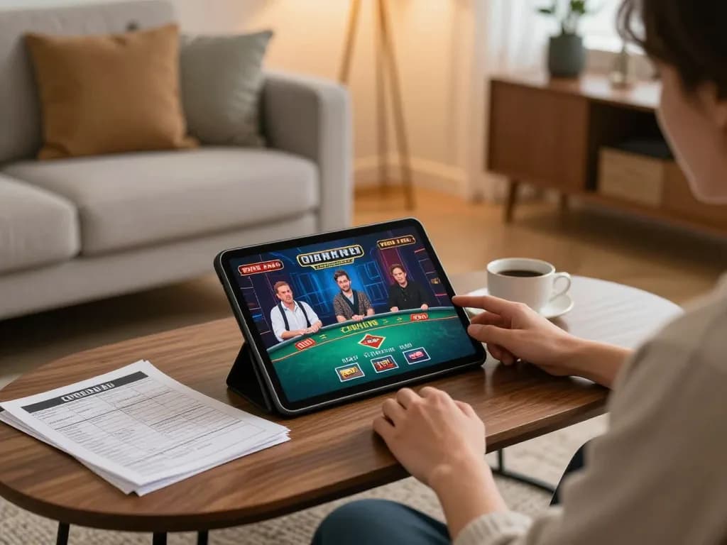 Player engaging in online gaming at hytw3339 com with tablet strategy notes and warm lighting