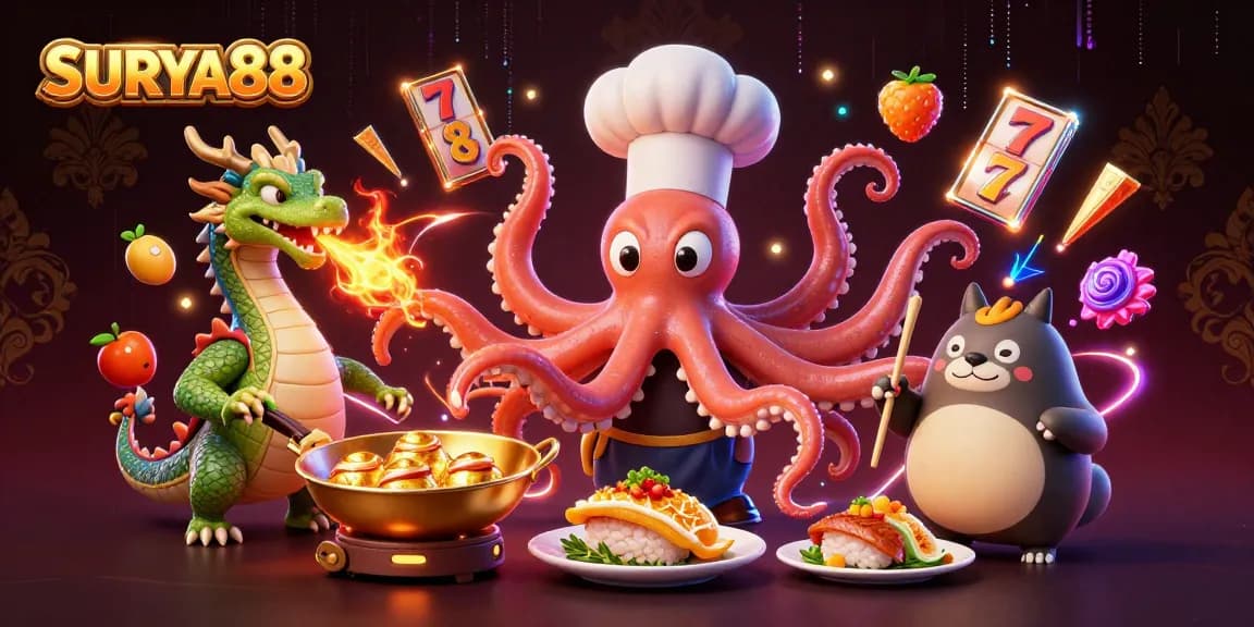 SURYA88 immerses players in exciting slot adventure featuring a chef octopus and a dragon.