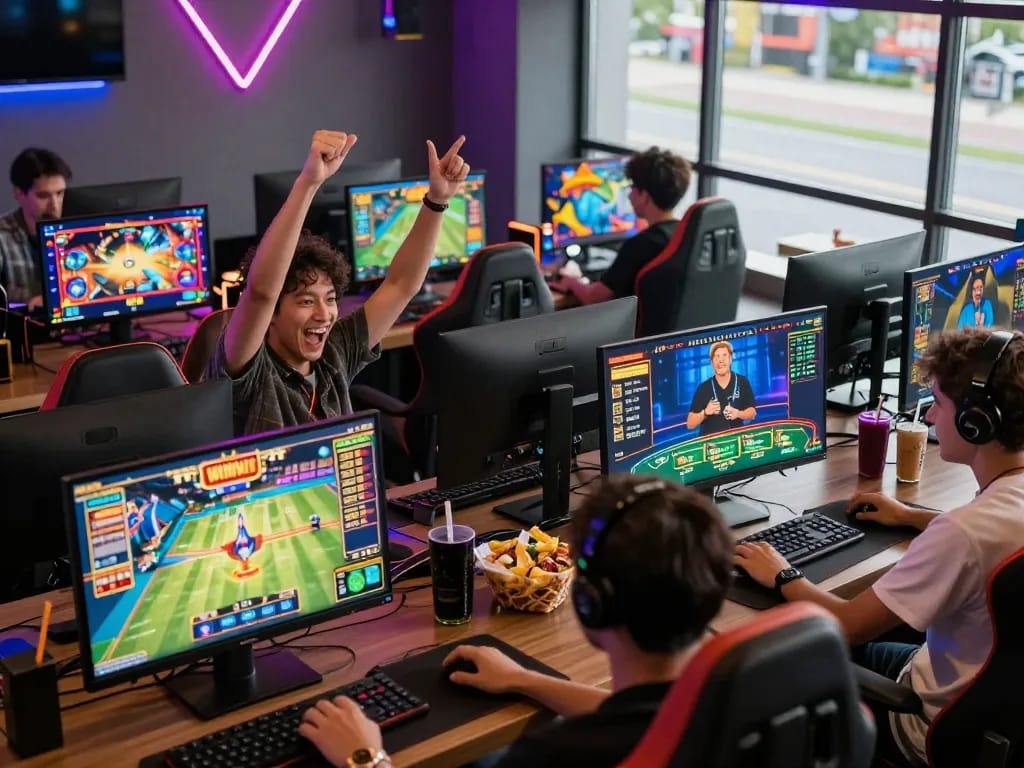 Players enjoying diverse games on OPEN888 in a vibrant gaming lounge setting full of energy and excitement.