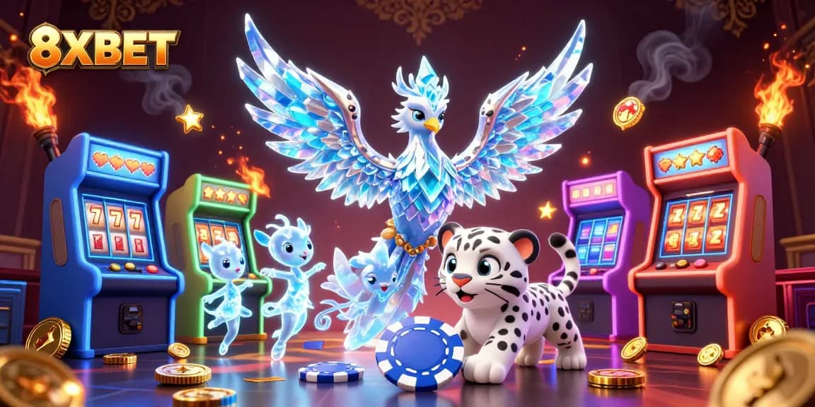 Experience the vibrant 8XBET world of gaming with a dazzling illustration featuring an ice phoenix, poker chip, and arcade machines.