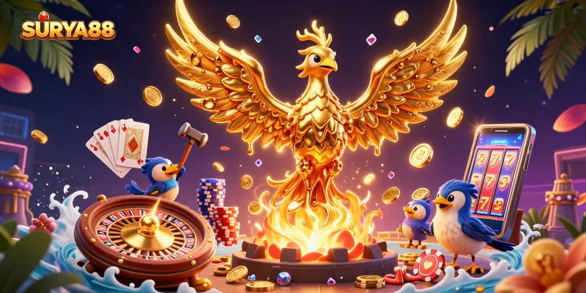 SURYA88 branding shines as a golden phoenix and sparrows celebrate casino wins with coins and gems.