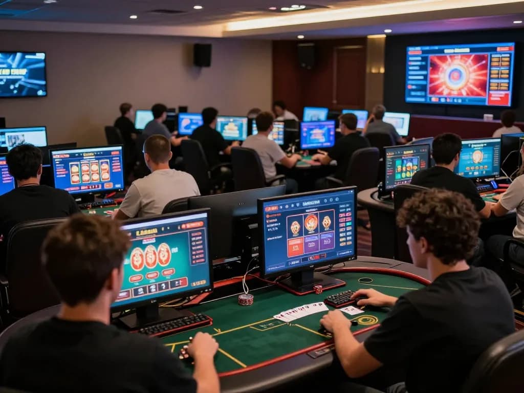 Players immersed in their games at an online casino, enjoying alo8's dynamic interface with engaging options.