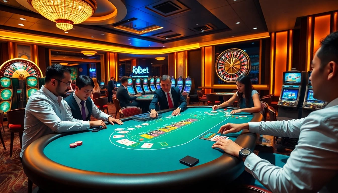 Experience the thrill of i9bet with vibrant gaming tables and excited players at a luxurious casino.