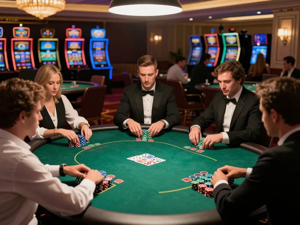 Engaged players strategizing at high-stakes poker table in upscale casino with excited atmosphere and premium features, sc88